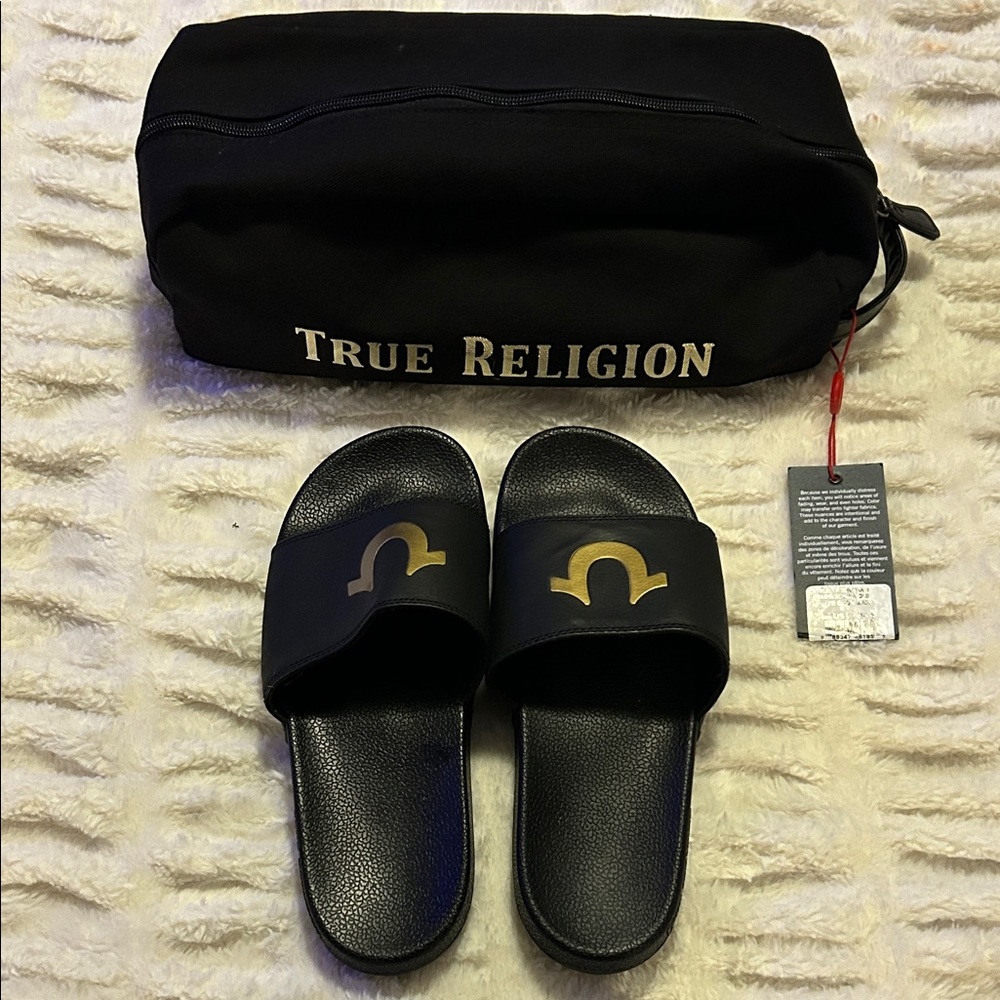 True Religion Men's Black Slides with Gold Emblem